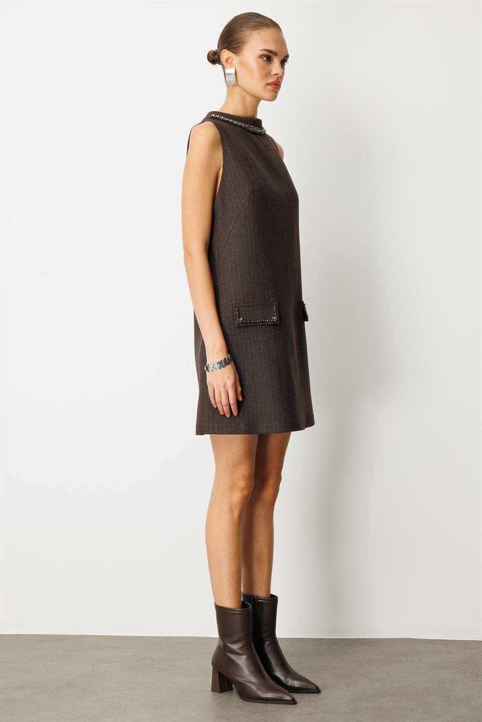 Kristal Taş İşlemeli A Form Elbise KAHVE