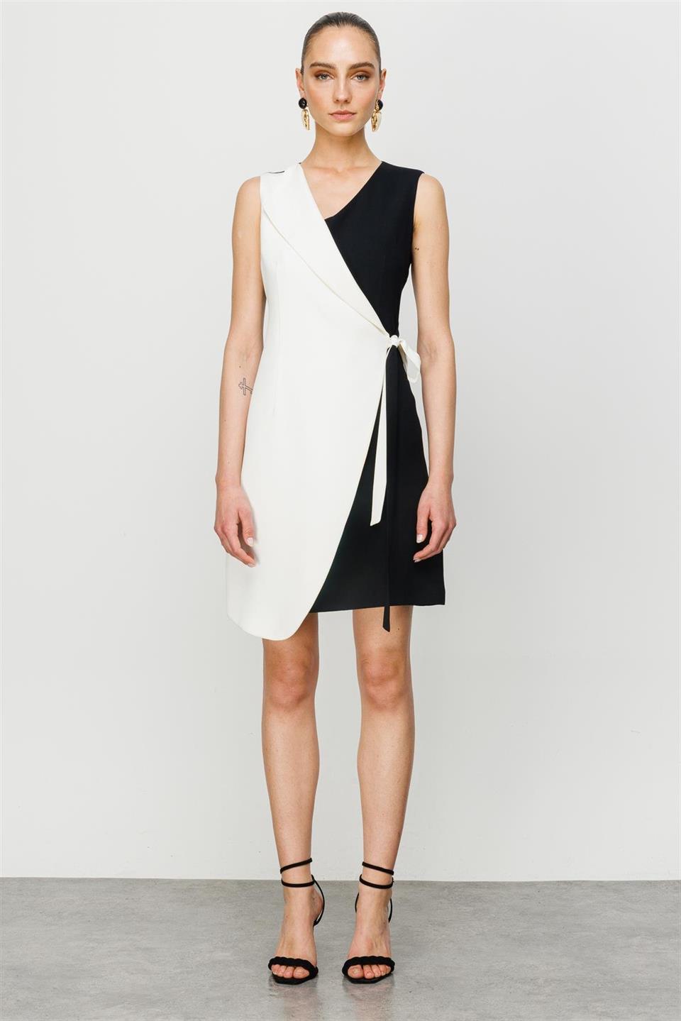 Kruvaze Bağlamalı Elbise SİYAH-BEYAZ