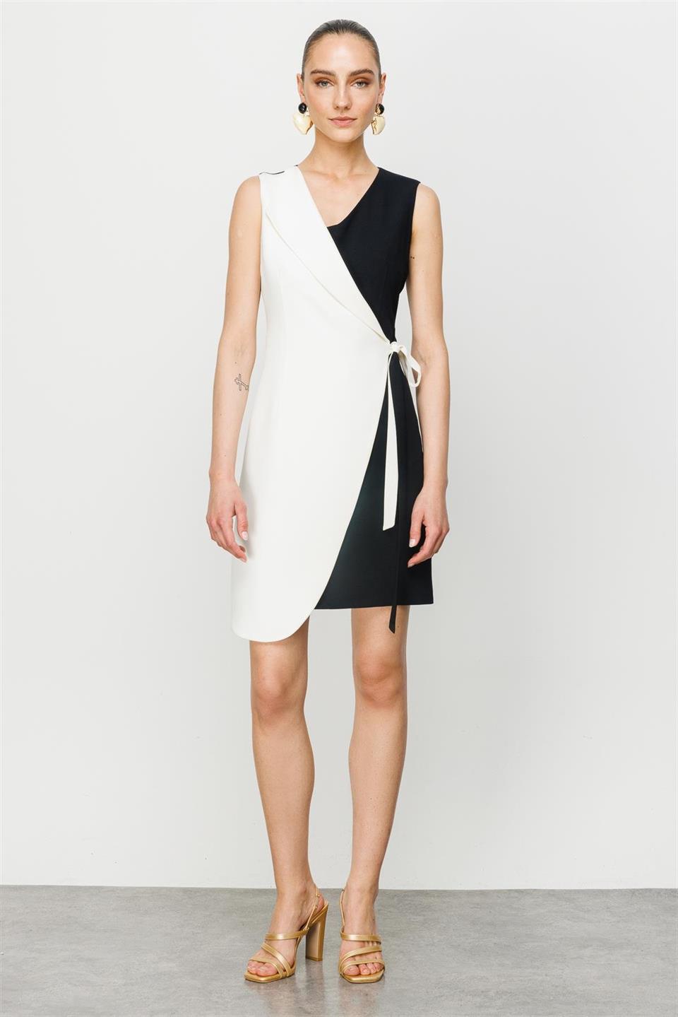 Kruvaze Bağlamalı Elbise SİYAH-BEYAZ