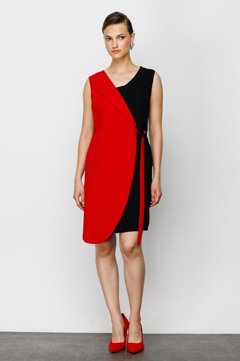Nefeli Womens Black/Red Double Breasted Tied Dress