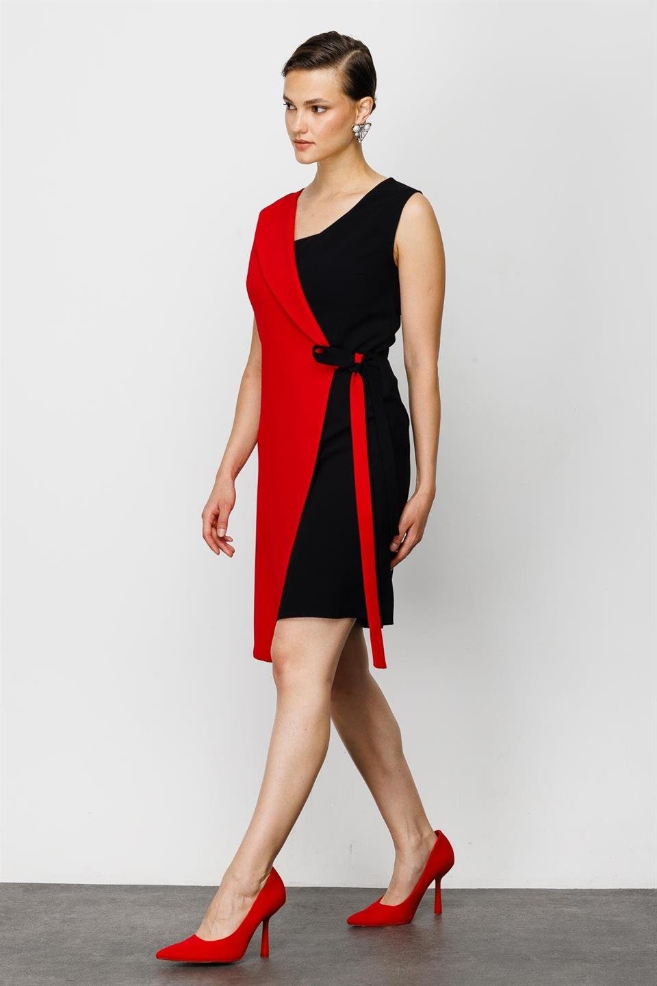 Nefeli Womens Black/Red Double Breasted Tied Dress