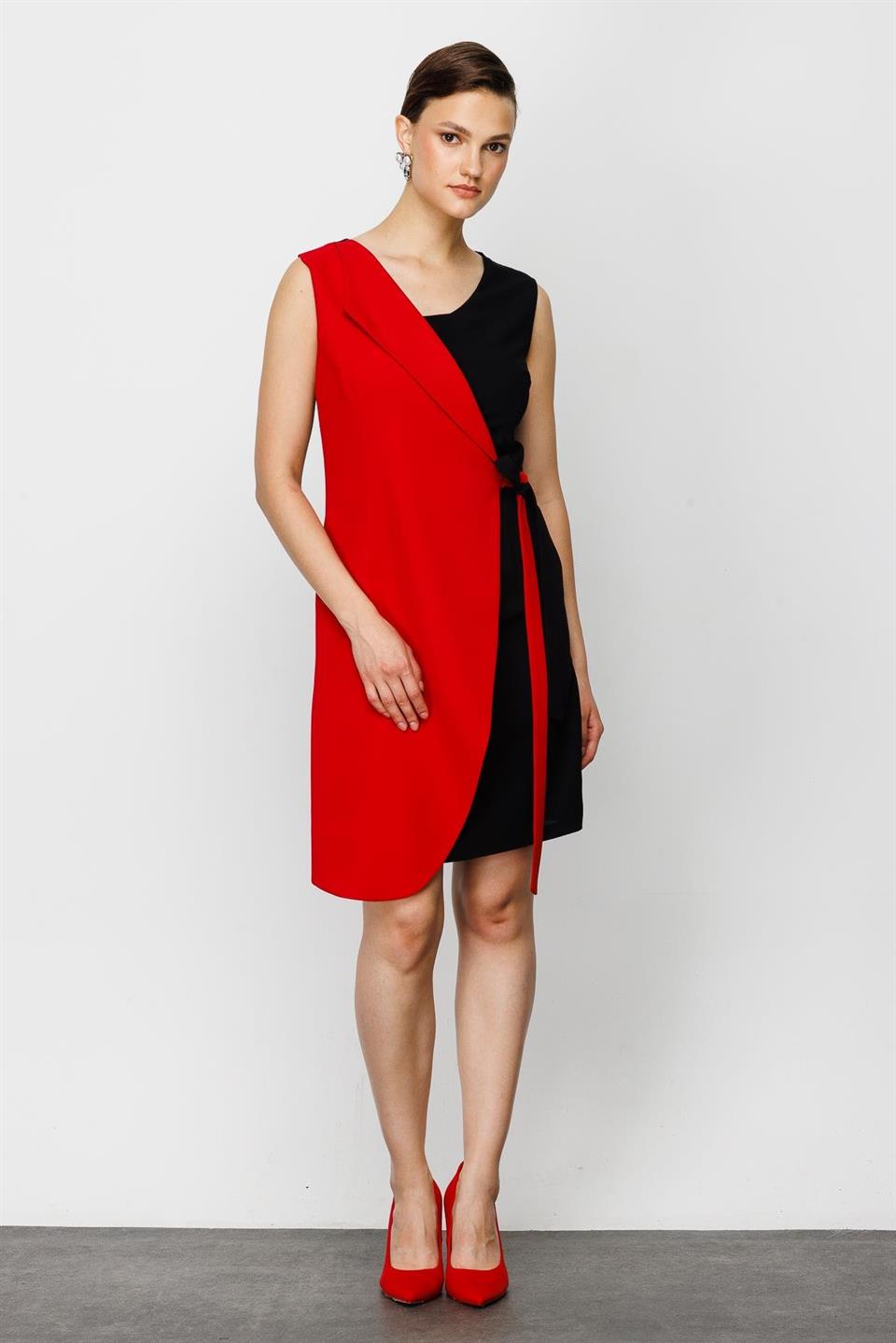 Nefeli Womens Black/Red Double Breasted Tied Dress