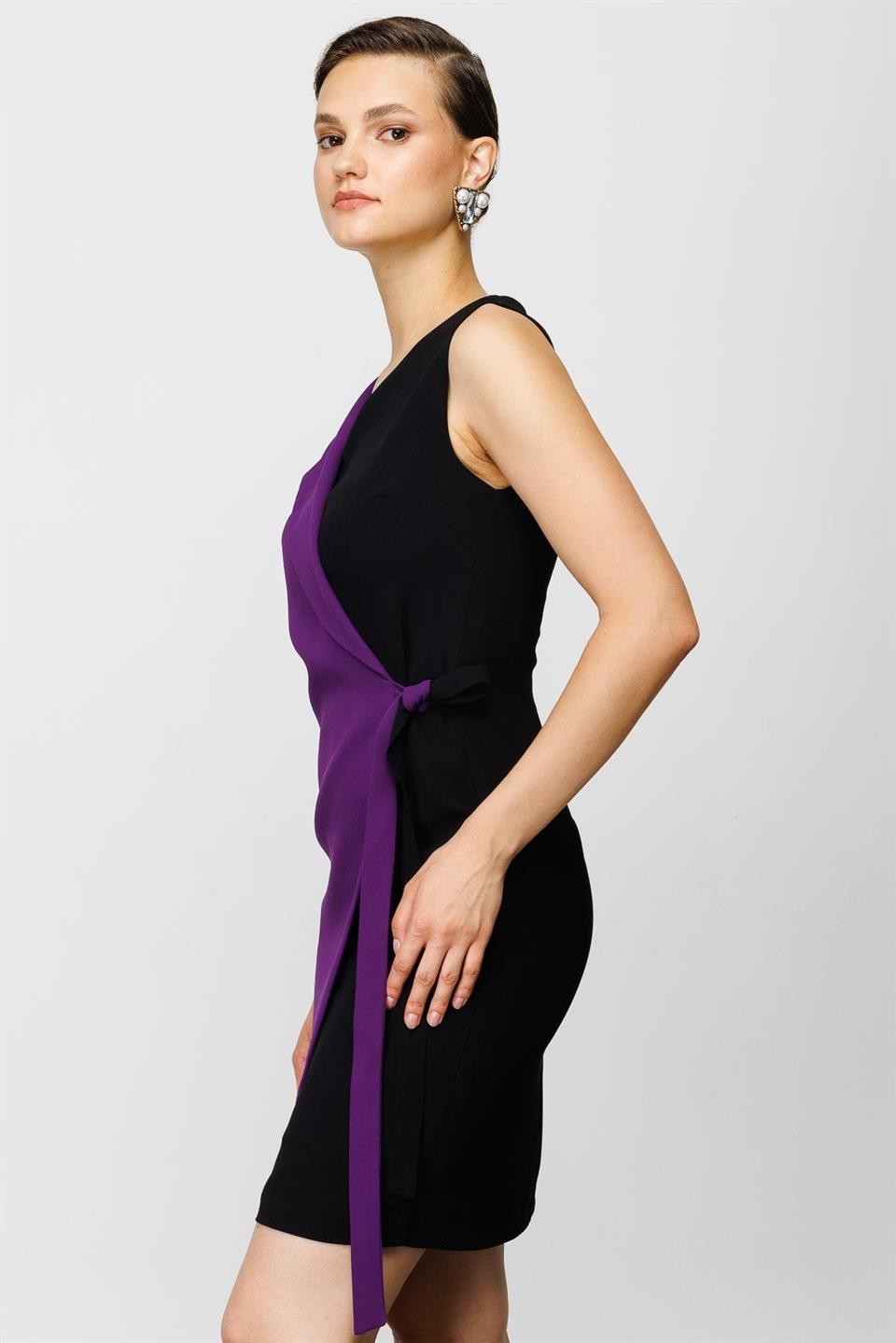 Nefeli Womens Black/Purple Double Breasted Tied Dress