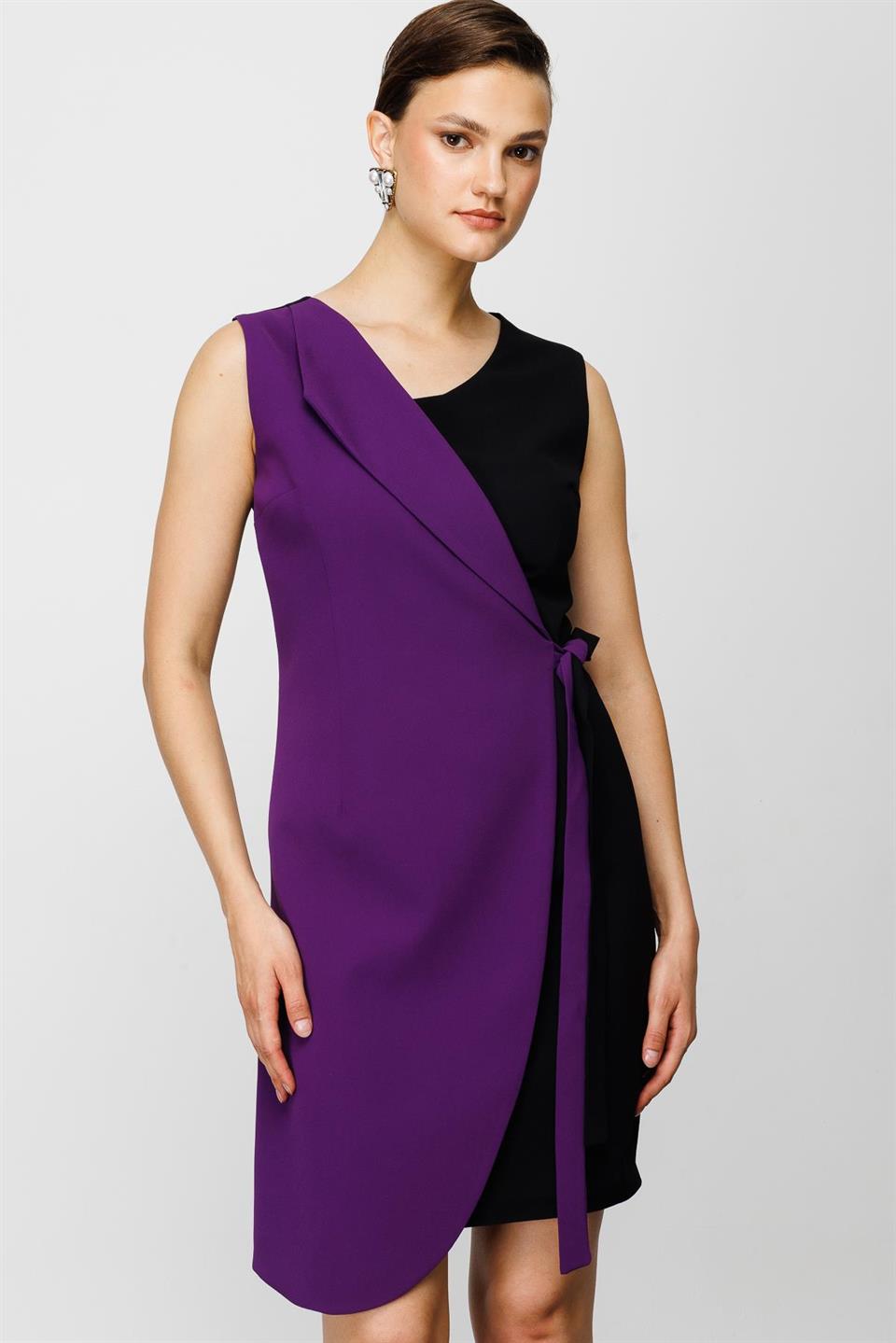 Nefeli Womens Black/Purple Double Breasted Tied Dress