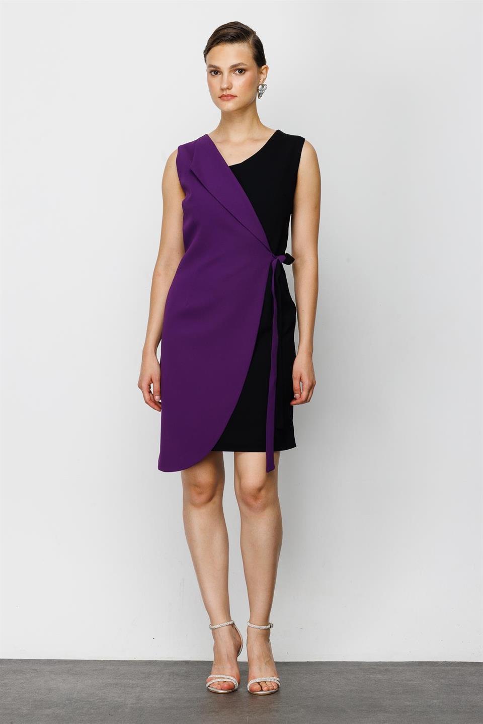 Nefeli Womens Black/Purple Double Breasted Tied Dress