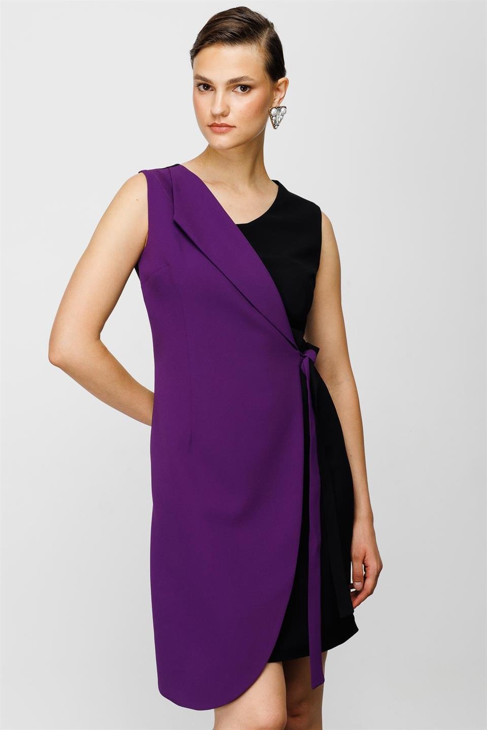 Nefeli Womens Black/Purple Double Breasted Tied Dress
