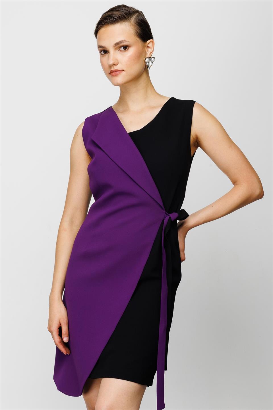 Nefeli Womens Black/Purple Double Breasted Tied Dress