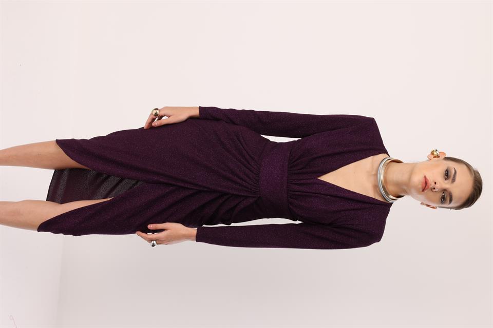 Kruvaze Drape Elbise MÜRDÜM