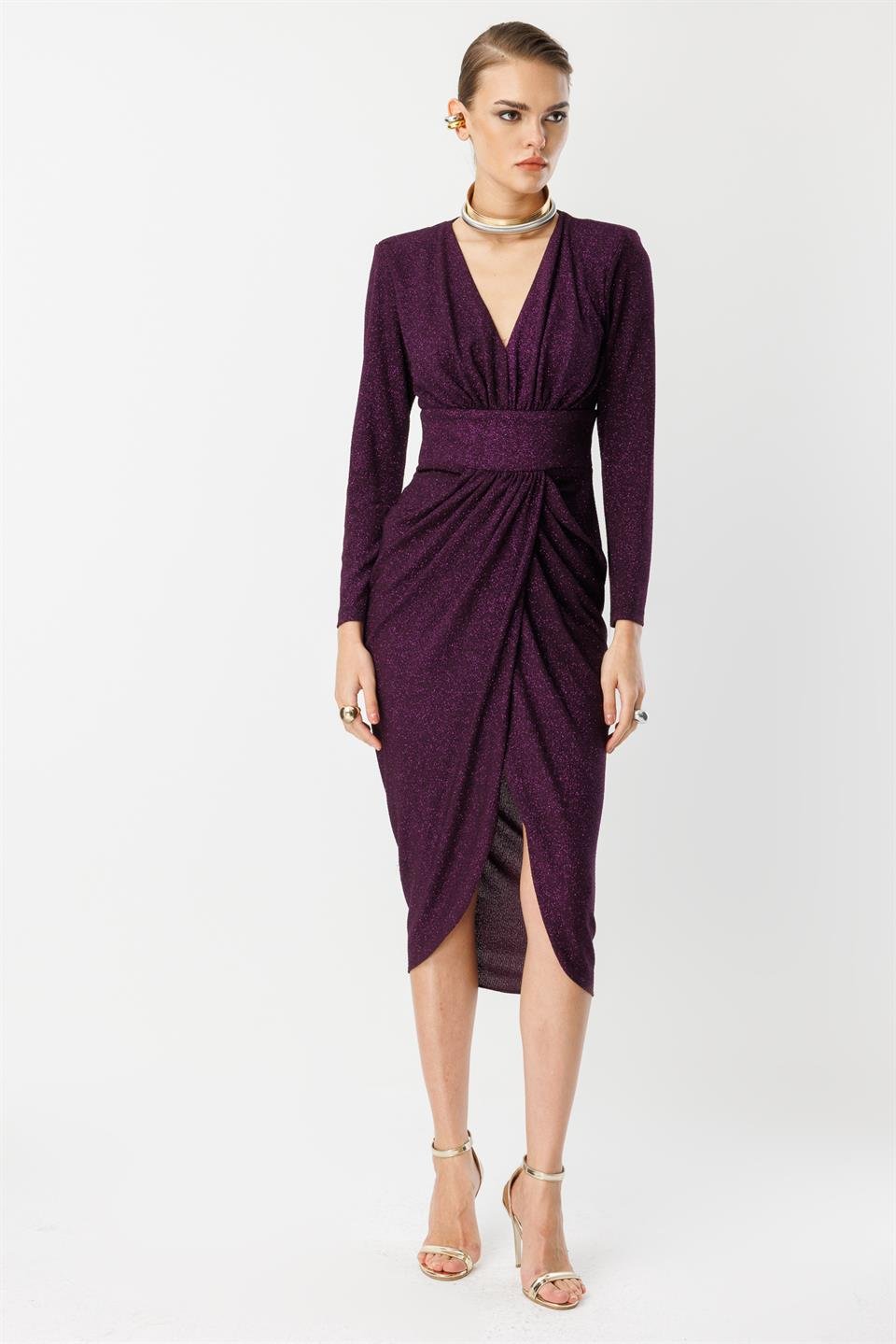 Kruvaze Drape Elbise MÜRDÜM