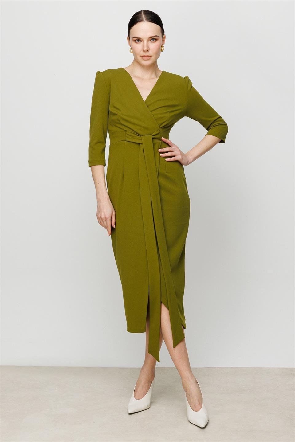 Kruvaze Elbise YAĞ YEŞİLİ