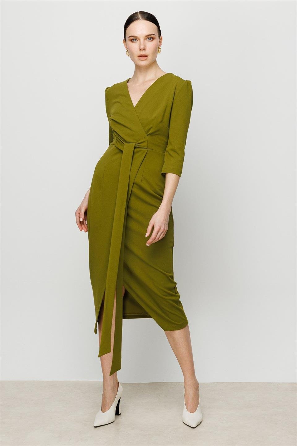 Kruvaze Elbise YAĞ YEŞİLİ