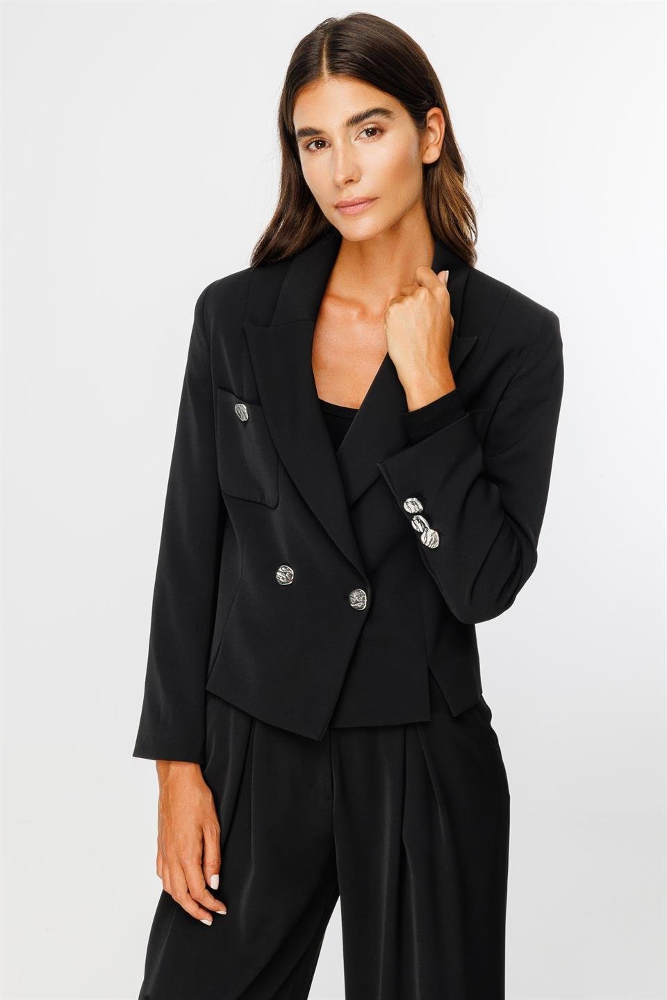 Kruvaze Kapamalı Torba Cepli Ceket SİYAH