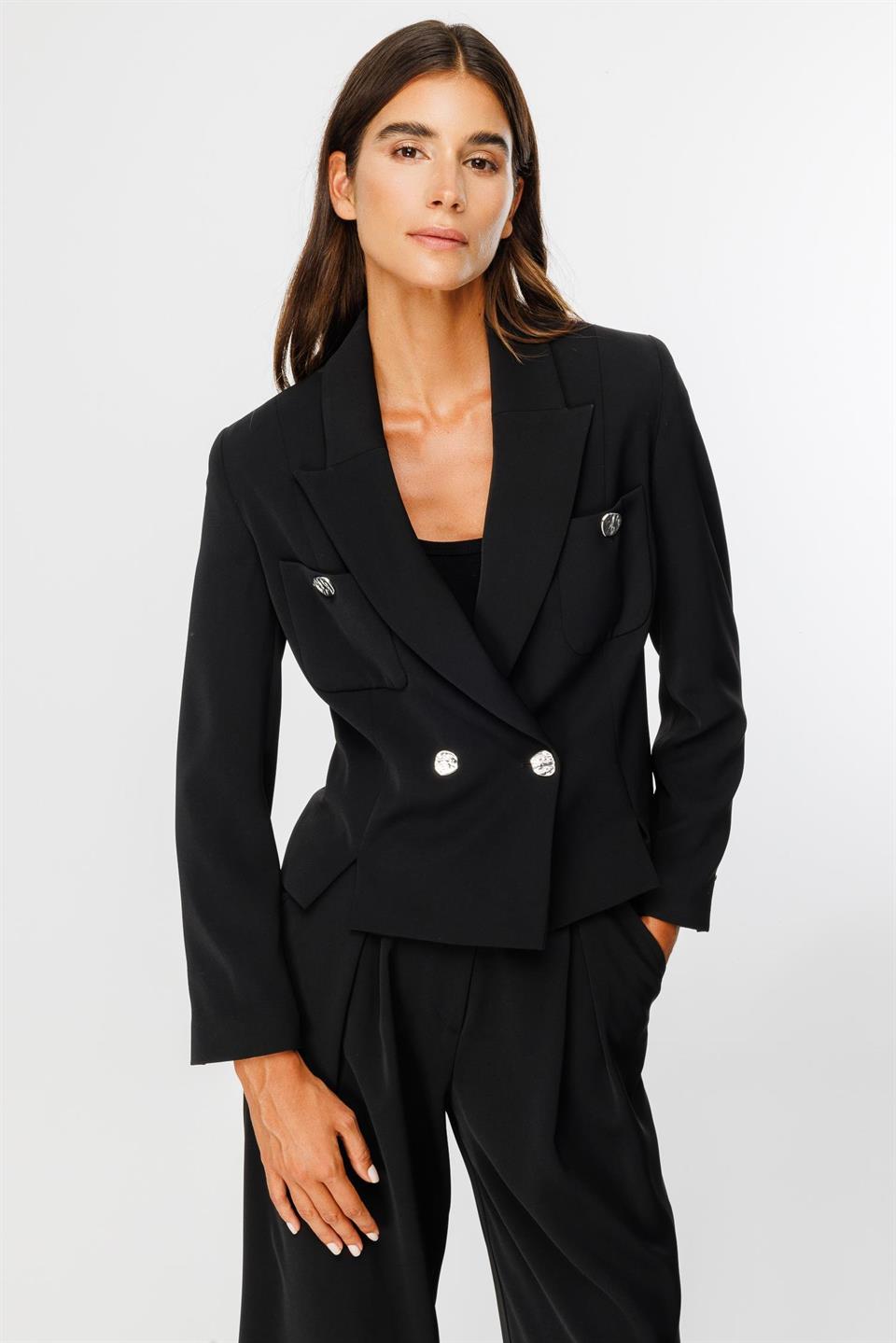 Kruvaze Kapamalı Torba Cepli Ceket SİYAH