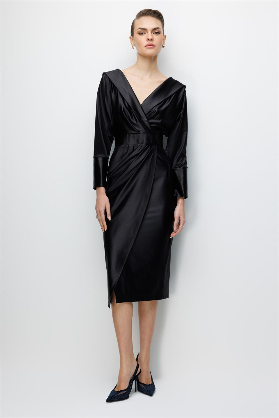 Kruvaze Yaka Saten Elbise SİYAH