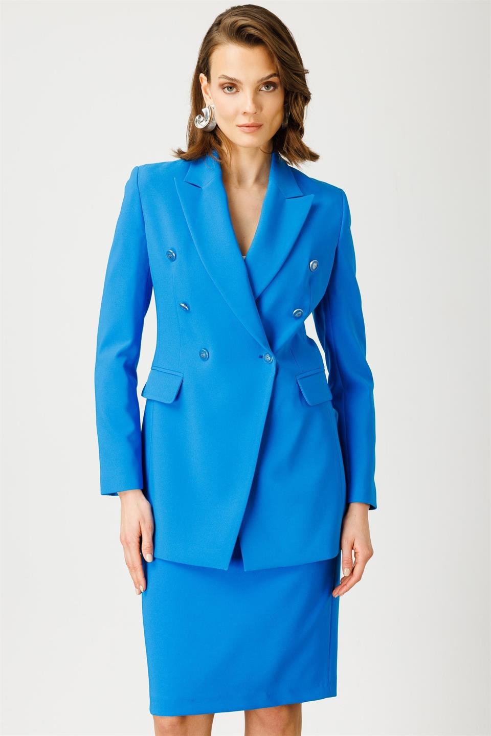 Kruvaze Yarım Astarlı Uzun Ceket MAVİ