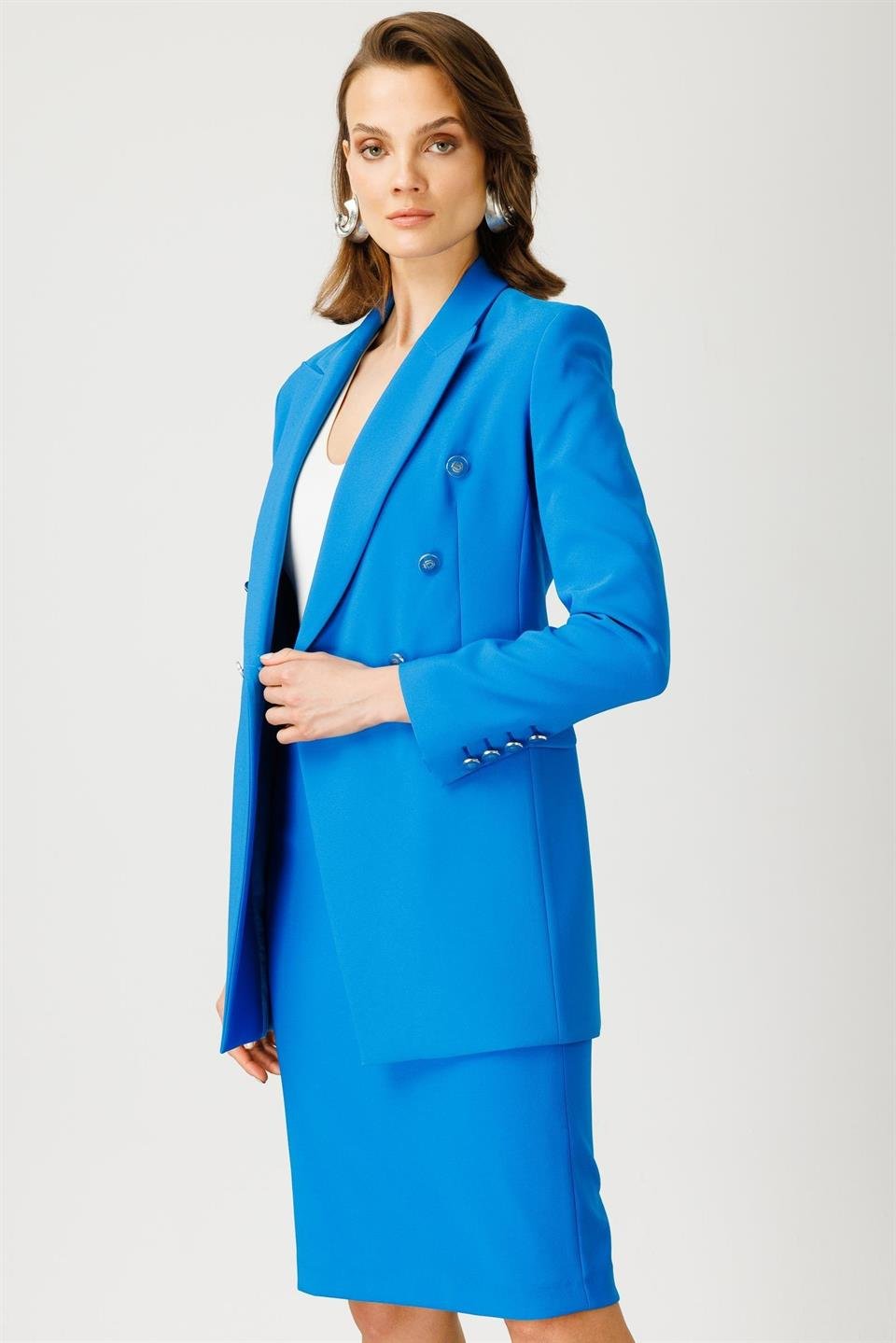 Kruvaze Yarım Astarlı Uzun Ceket MAVİ