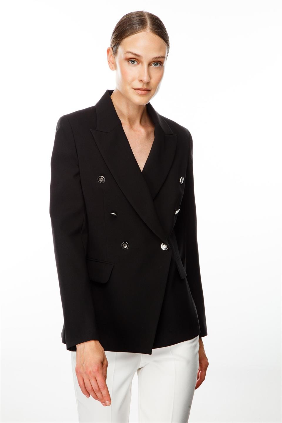 Kruvaze Yarım Astarlı Uzun Ceket SİYAH