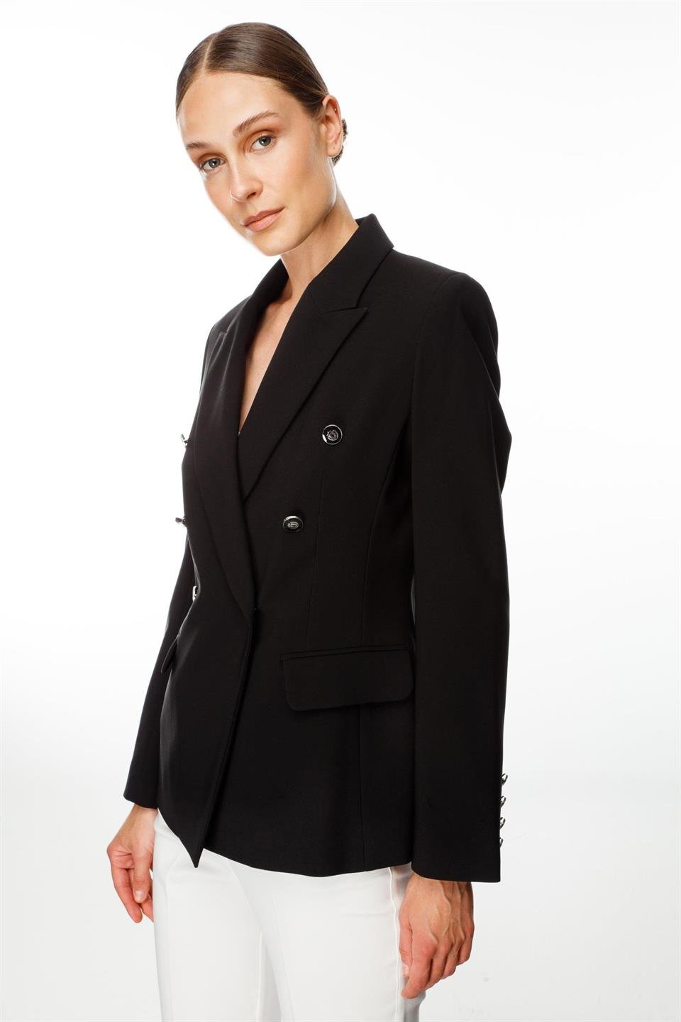 Kruvaze Yarım Astarlı Uzun Ceket SİYAH