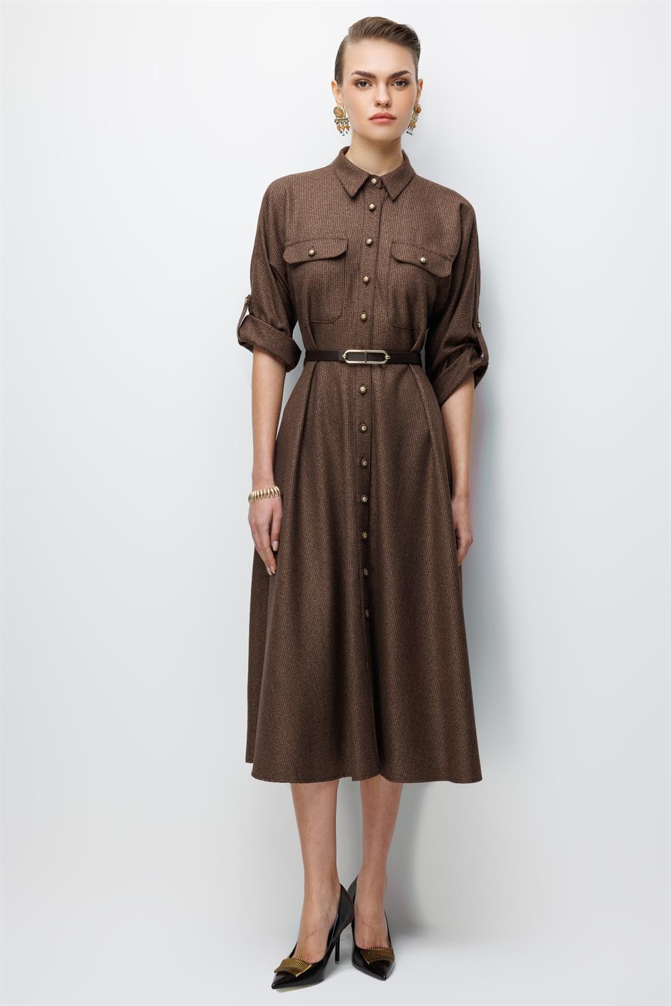 Küçük Kazayağı Desen Kemerli Elbise KAHVE