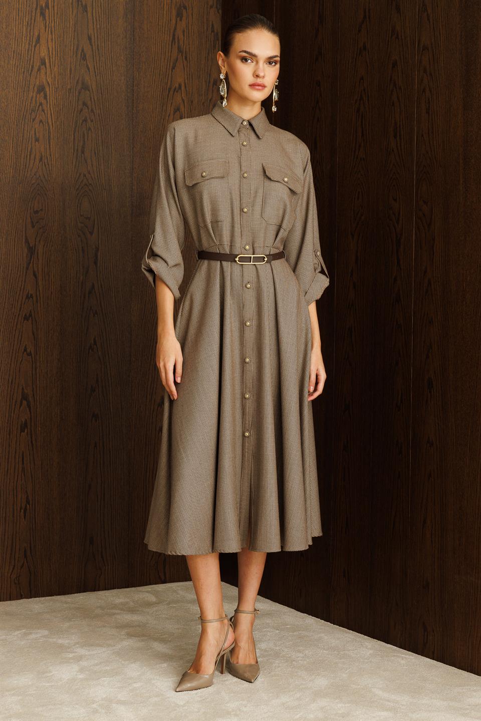 Küçük Kazayağı Desen Kemerli Elbise KAHVE