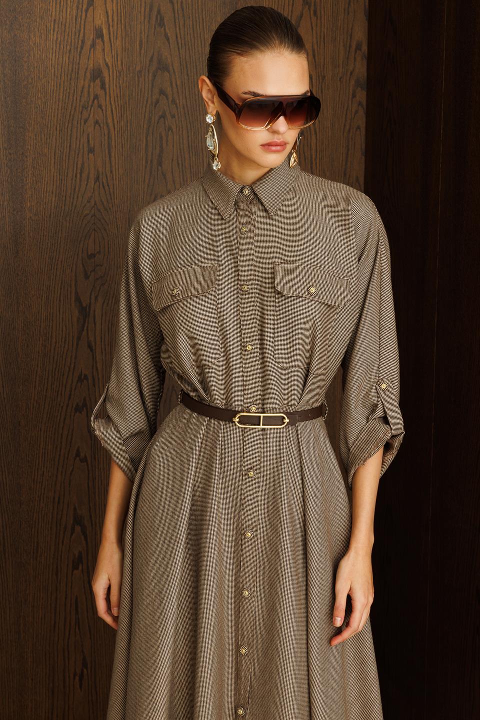 Küçük Kazayağı Desen Kemerli Elbise KAHVE