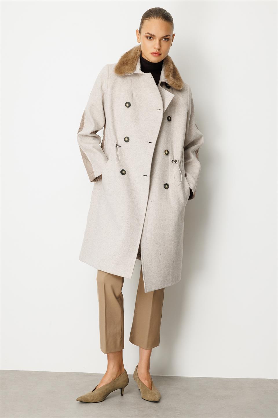 Kürk Yakalı Oversize Mont BEJ