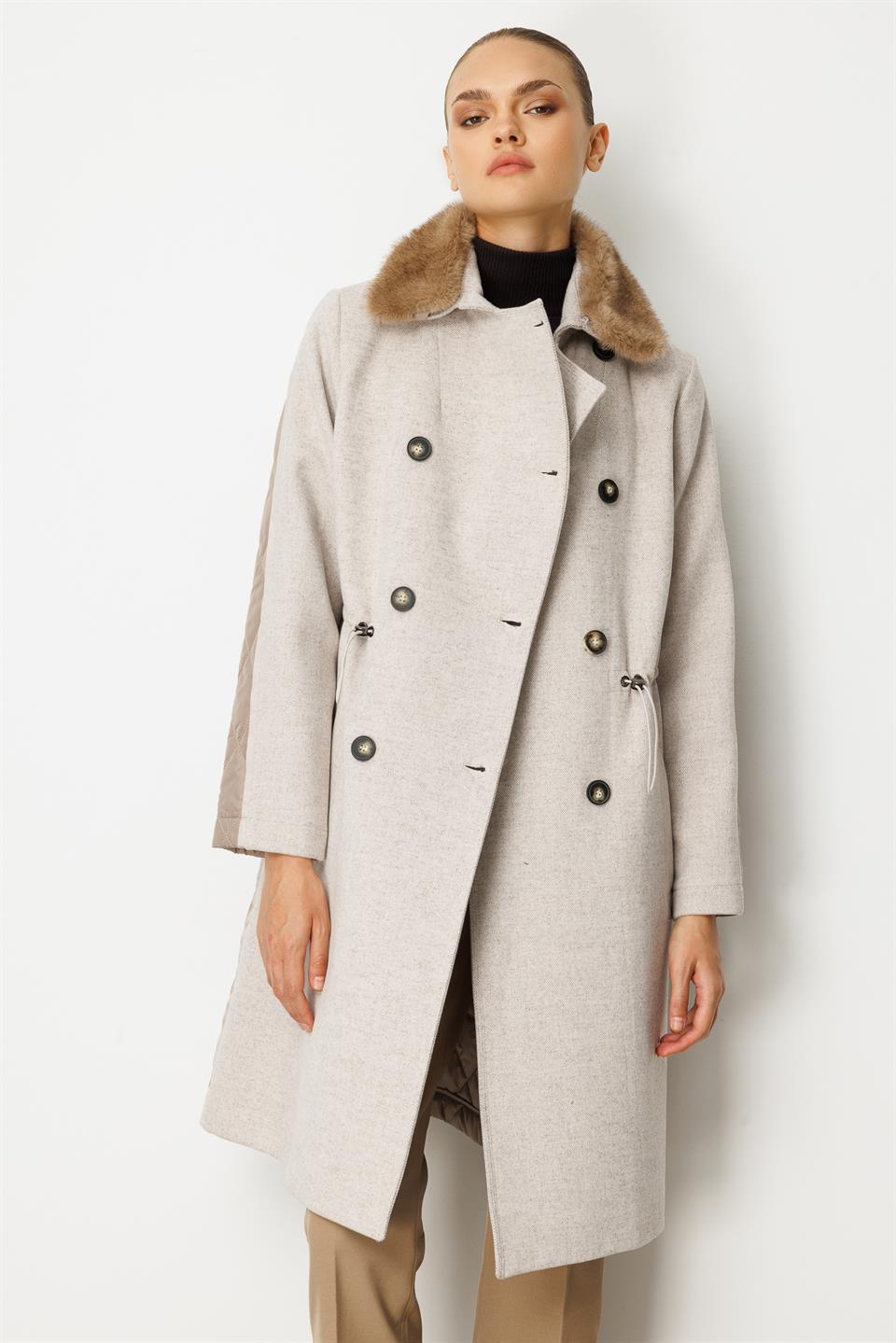 Kürk Yakalı Oversize Mont BEJ