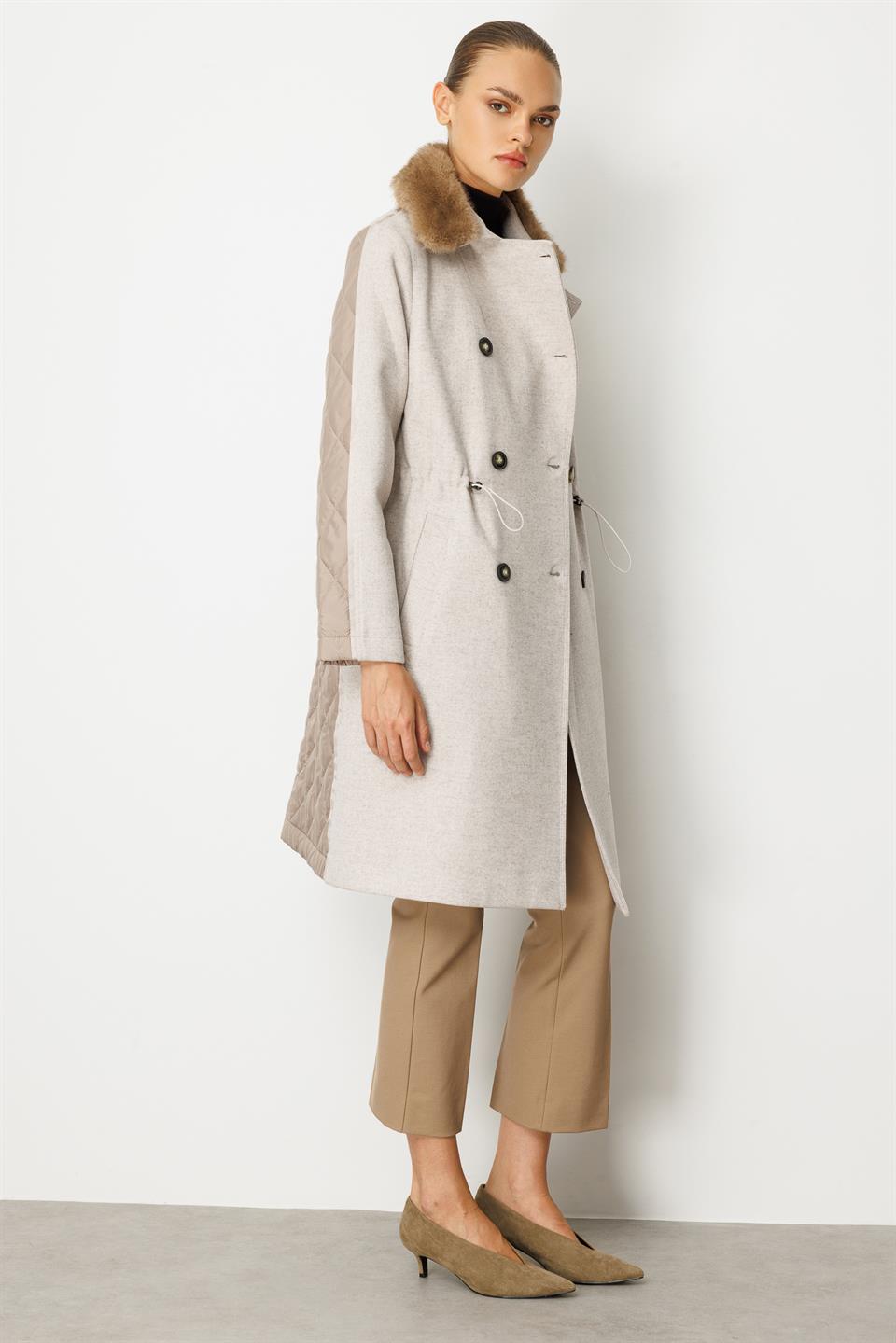Kürk Yakalı Oversize Mont BEJ