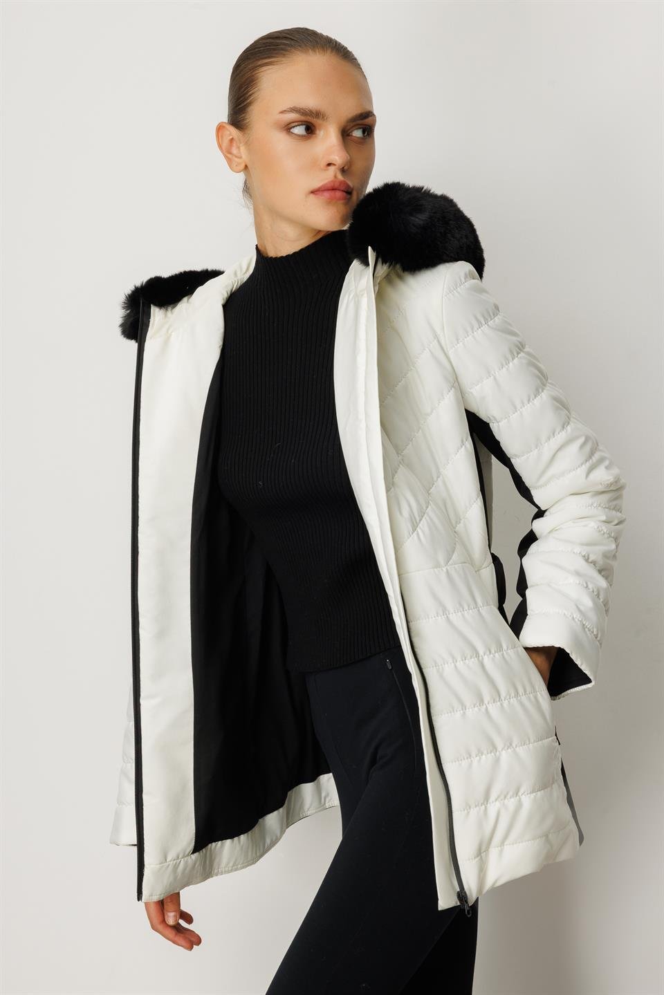 Fur Collar Long Puffer Coat ECRU
