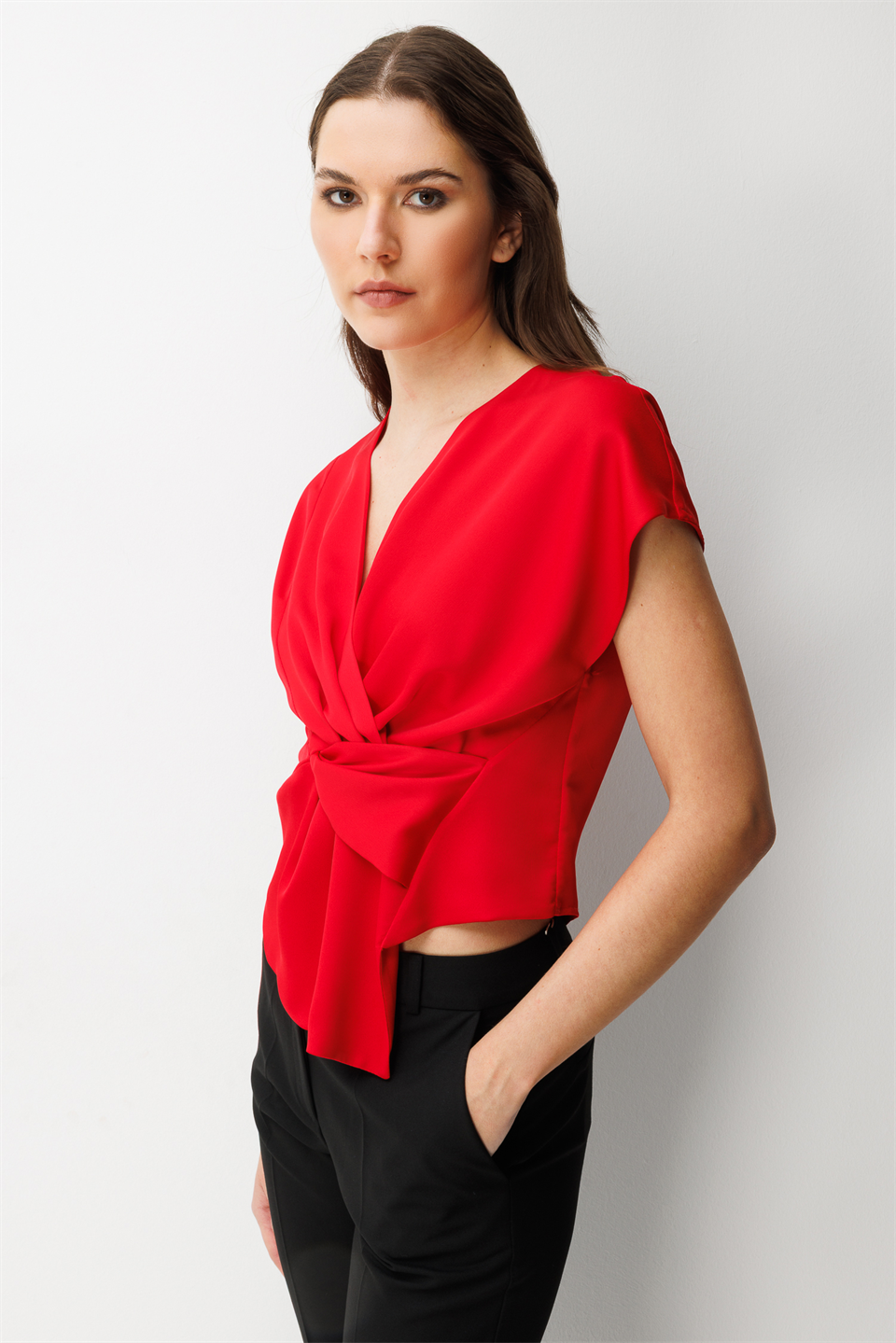 Kuruvaze Drapeli Bluz KIRMIZI