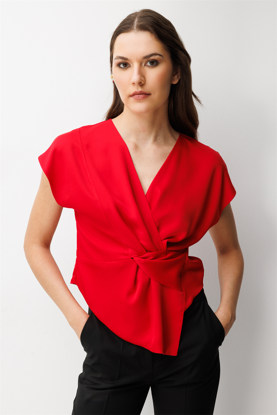 Kuruvaze Drapeli Bluz KIRMIZI