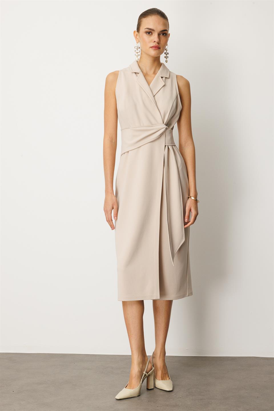 Kuşaklı Kruvaze Elbise BEJ