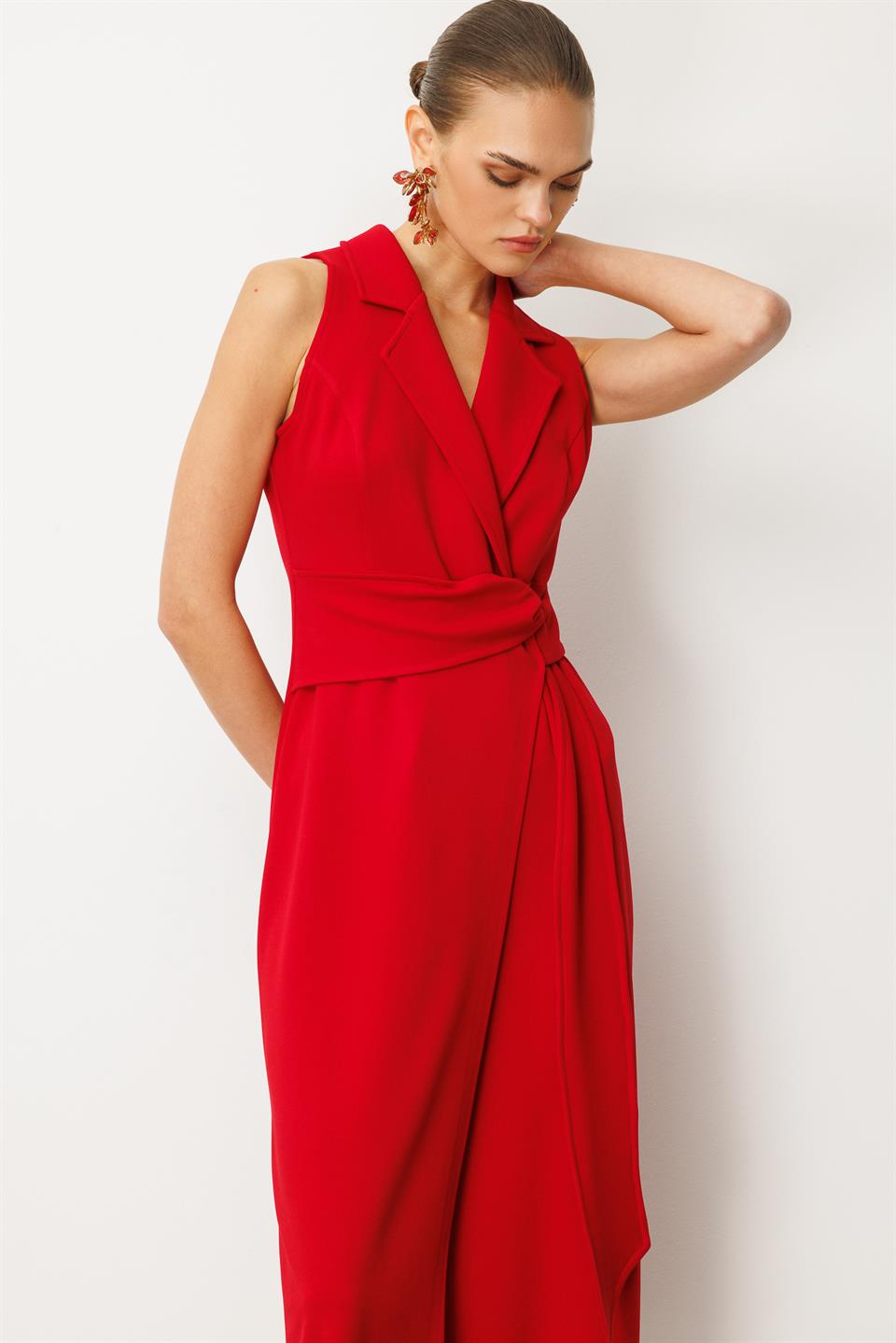Kuşaklı Kruvaze Elbise KIRMIZI