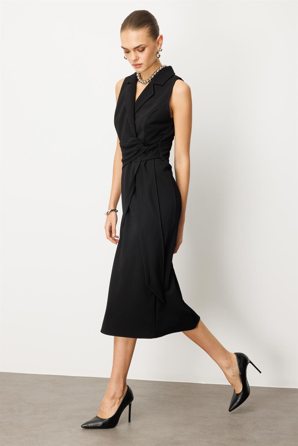 Kuşaklı Kruvaze Elbise SİYAH