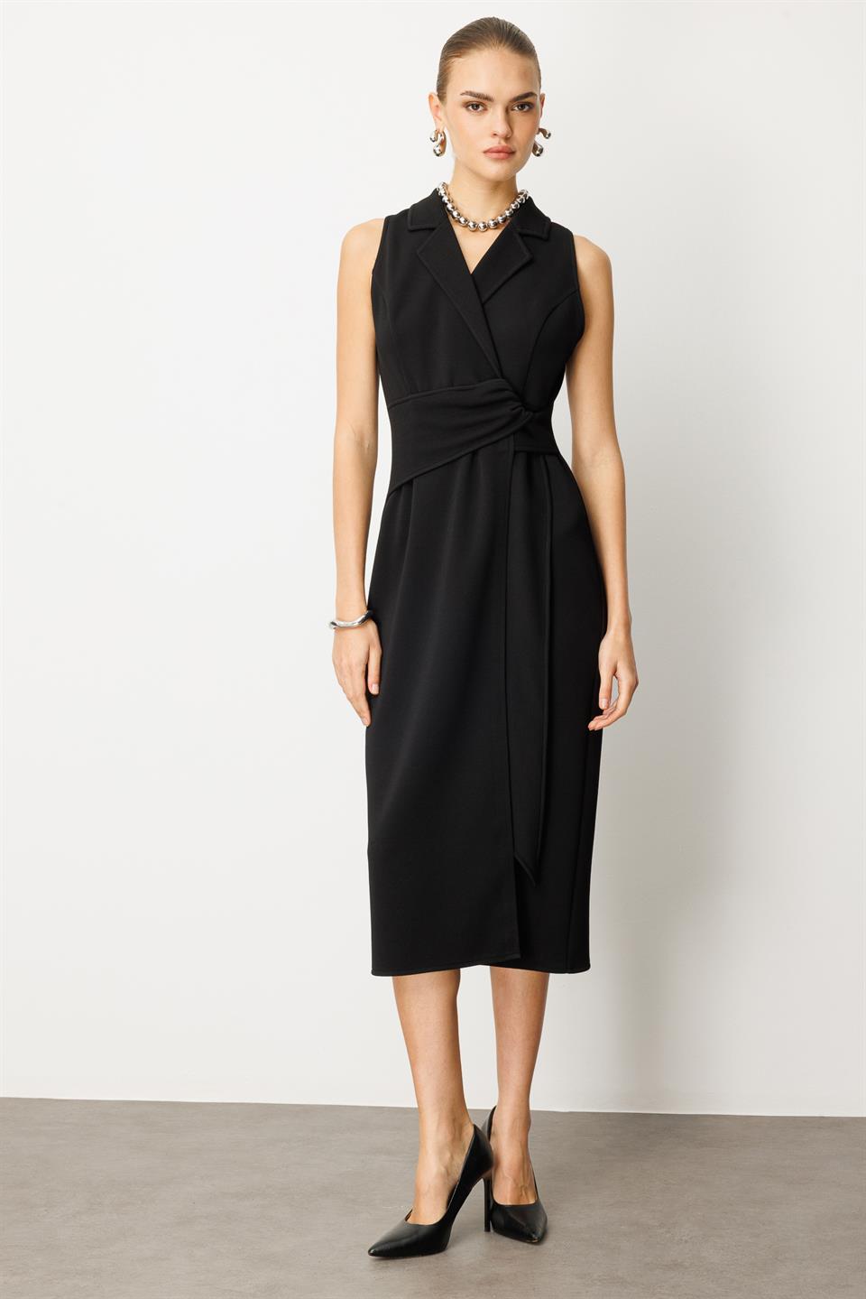 Kuşaklı Kruvaze Elbise SİYAH