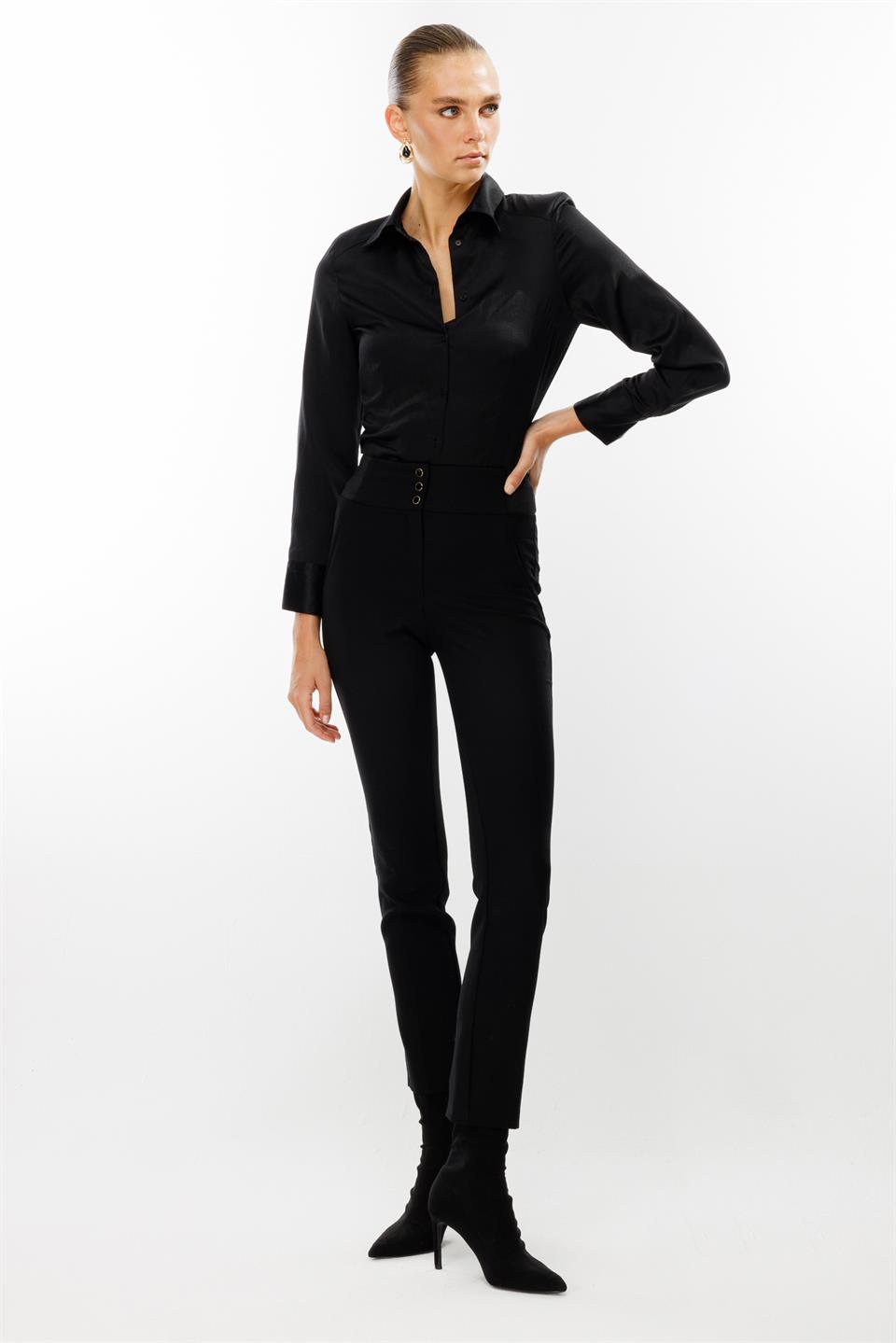 Lastik Kemerli Dar Paça Pantolon SİYAH