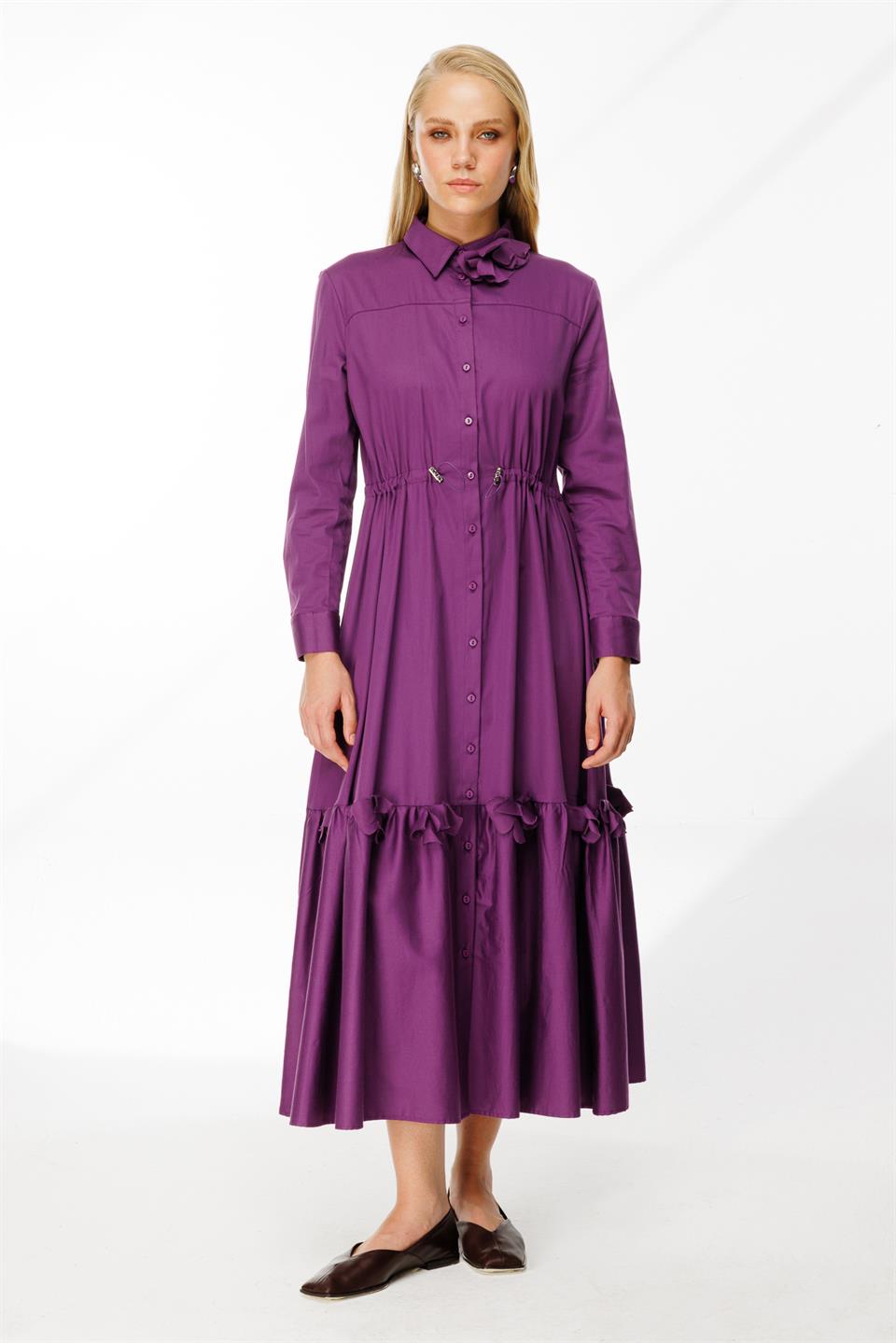 Lazer Çiçekli Gömlek Elbise MOR