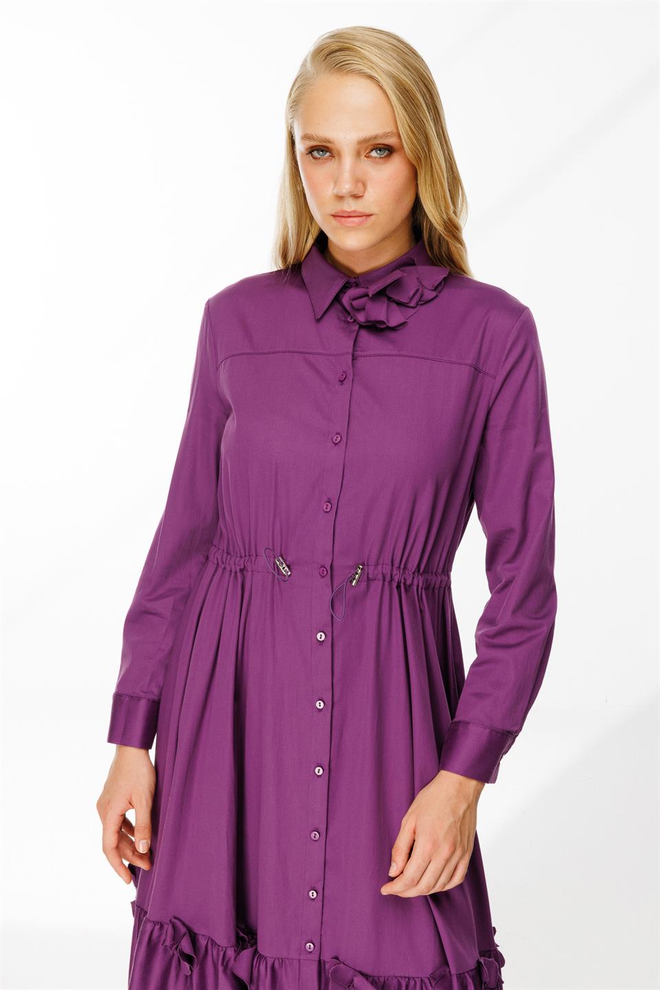 Lazer Çiçekli Gömlek Elbise MOR