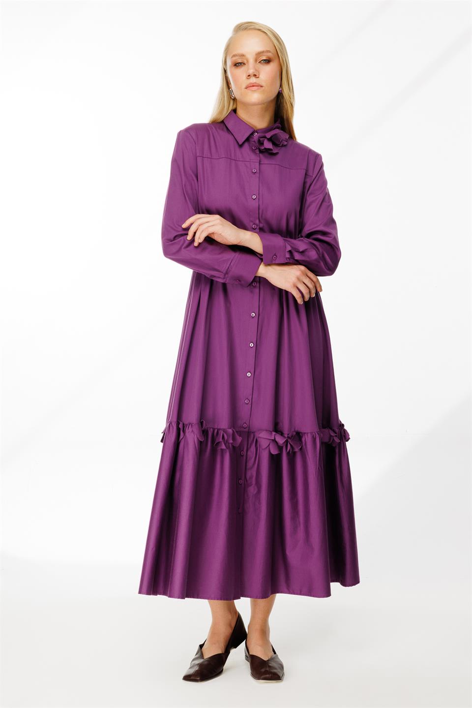 Lazer Çiçekli Gömlek Elbise MOR