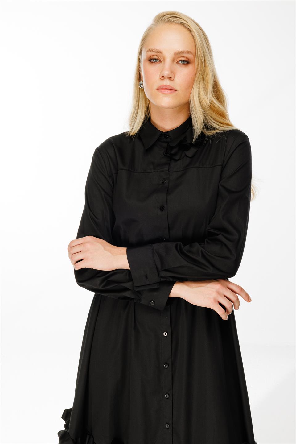 Laser Floral Shirt Dress BLACK