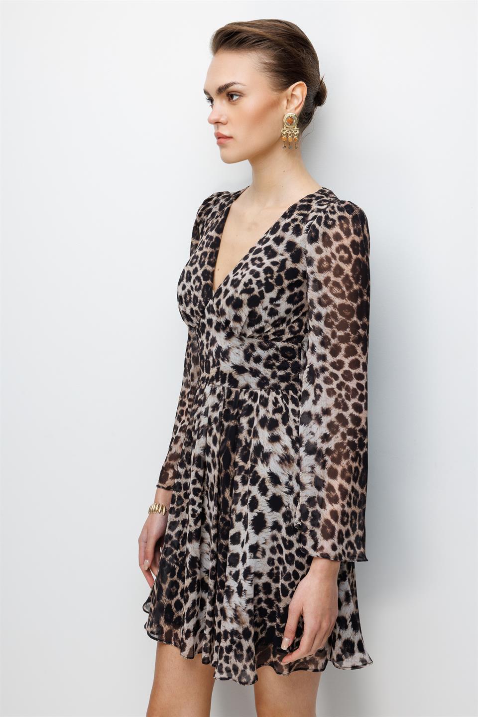 Leopar Desen A kesim Şifon Elbise LEOPAR