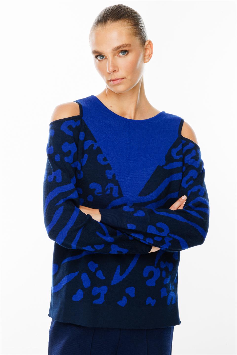 Leopar Desenli Omuz Dekolte Kazak LACİVERT-SAKS