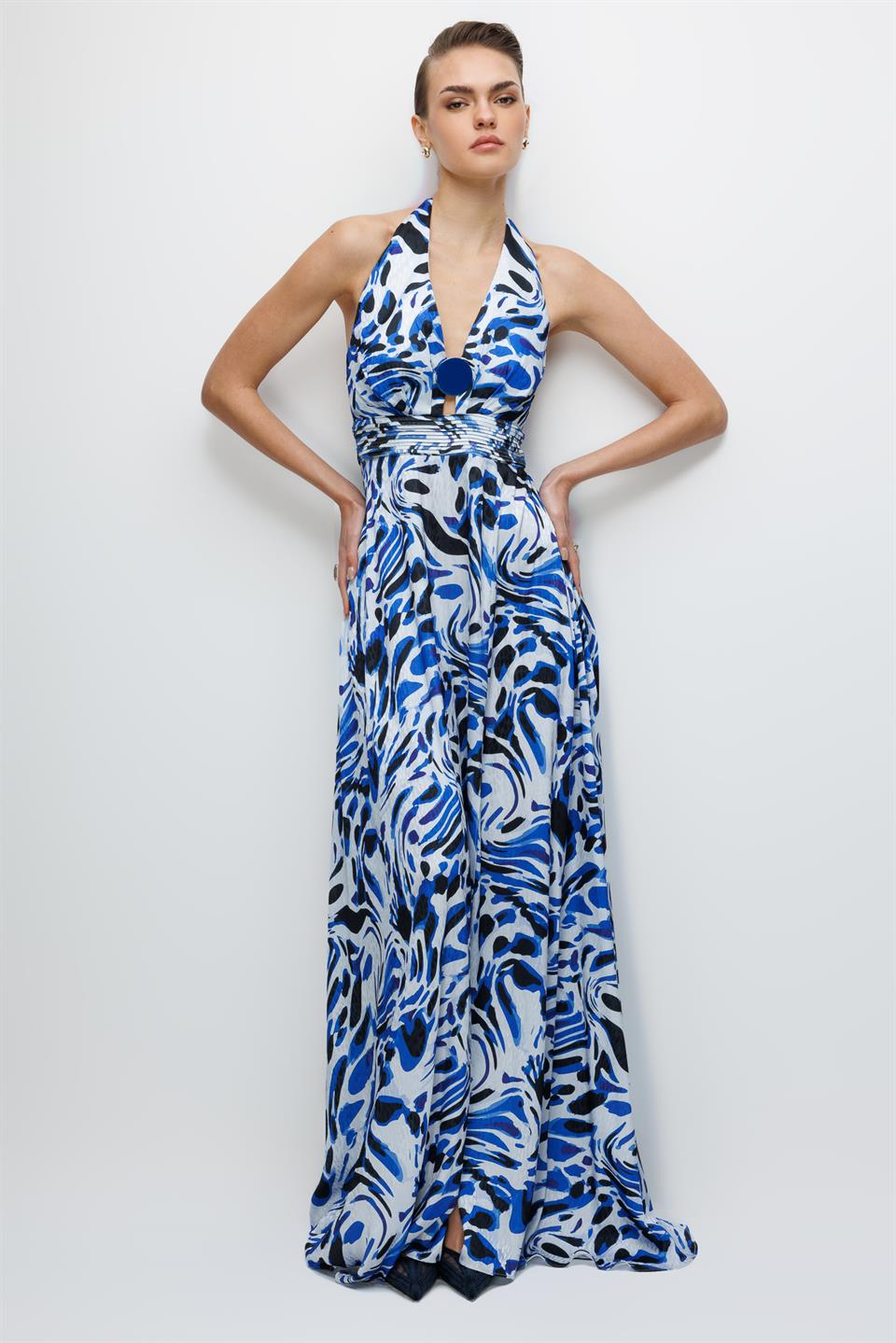 Maxi Boy Yırtmaç Detaylı Elbise LACİVERT