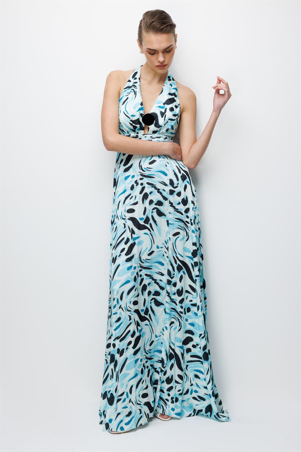 Maxi Boy Yırtmaç Detaylı Elbise TURKUAZ