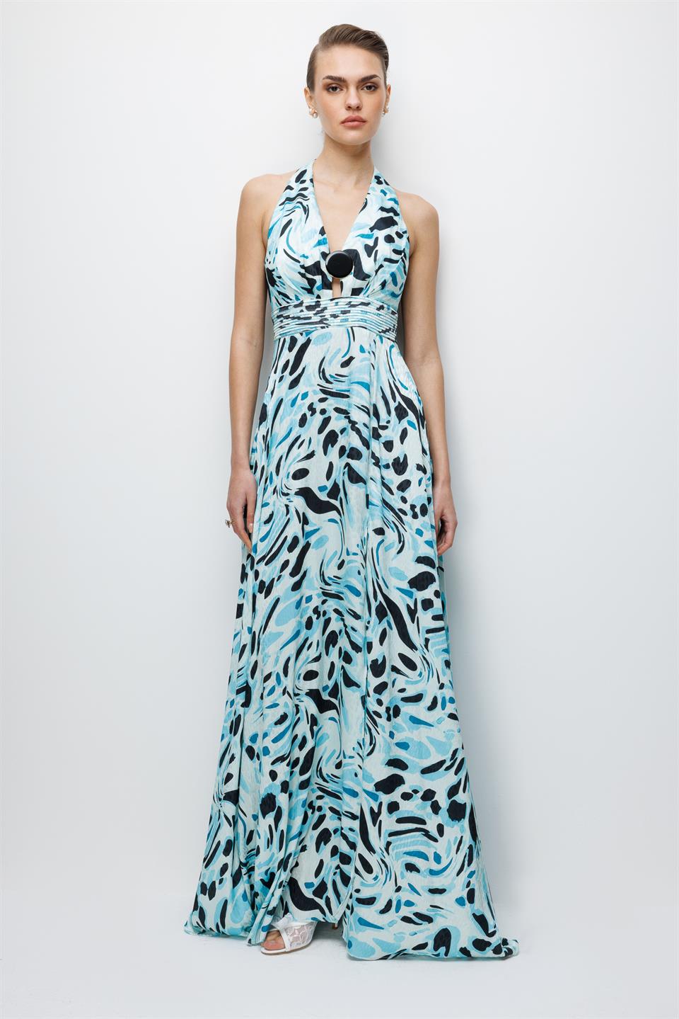 Maxi Boy Yırtmaç Detaylı Elbise TURKUAZ