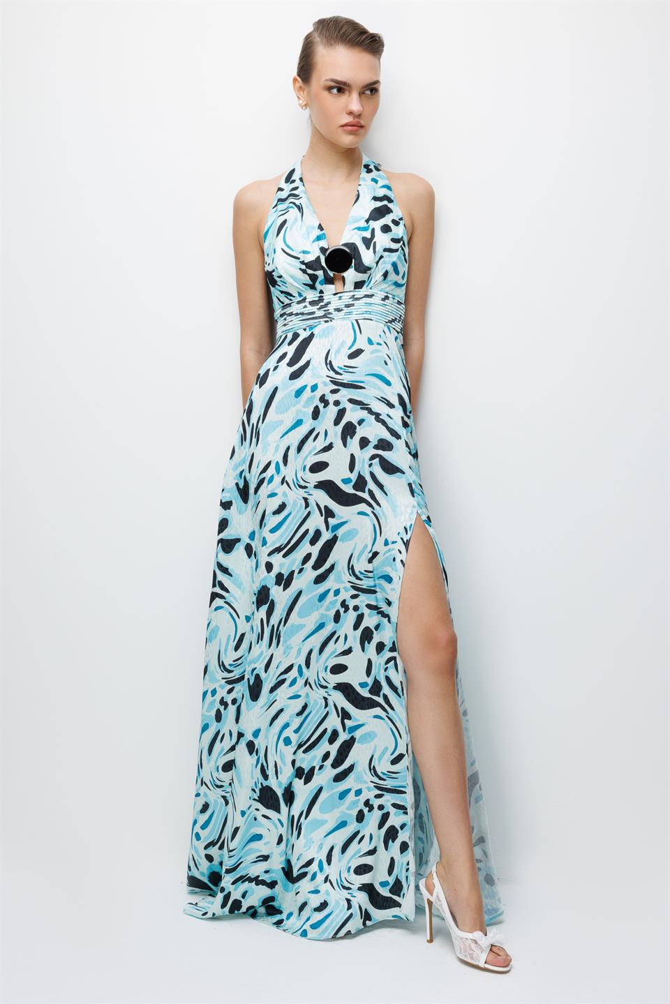 Maxi Boy Yırtmaç Detaylı Elbise TURKUAZ