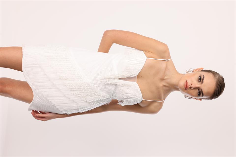 Mini Boy Saçaklı İşlemeli Elbise EKRU