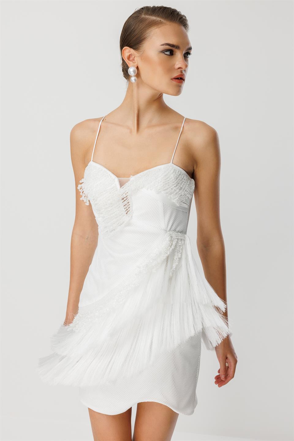 Mini Boy Saçaklı İşlemeli Elbise EKRU