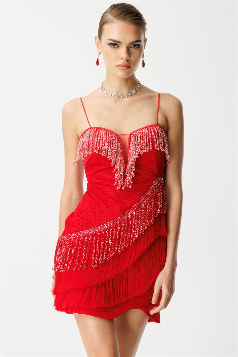 Mini Boy Saçaklı İşlemeli Elbise KIRMIZI