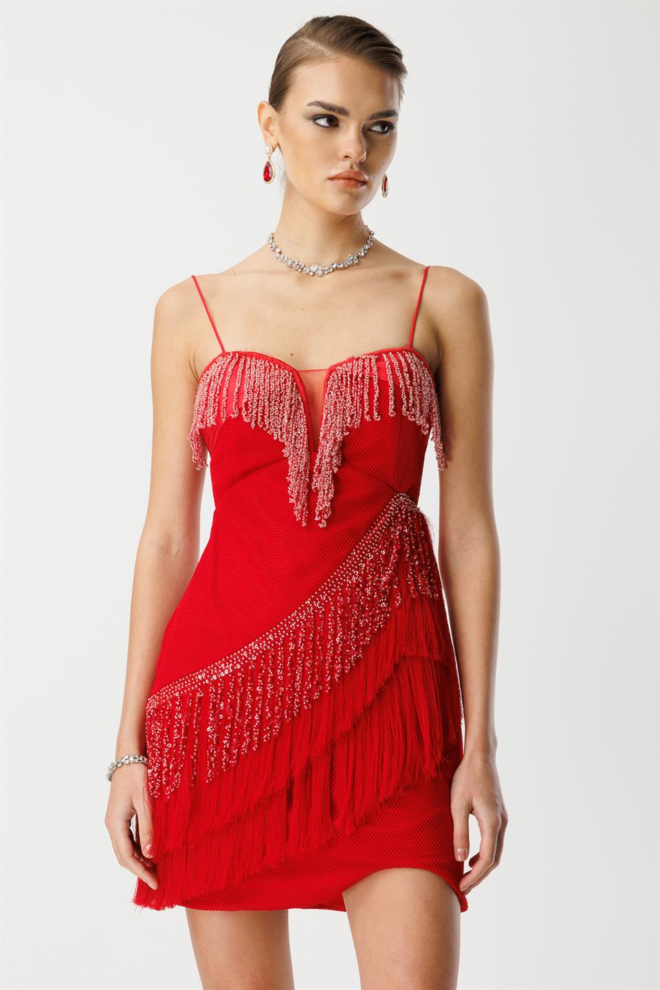 Mini Boy Saçaklı İşlemeli Elbise KIRMIZI